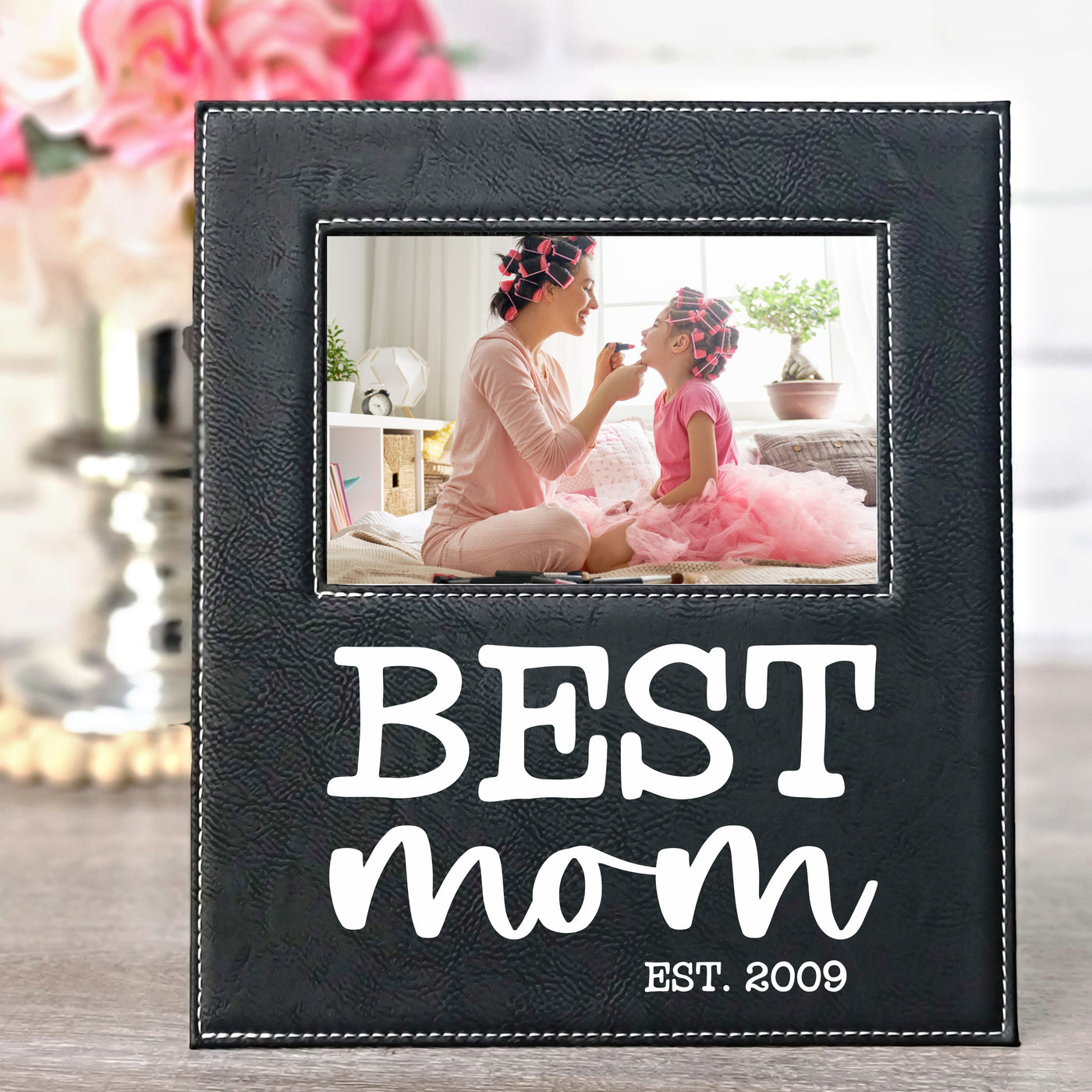 Best Mom Est. Year | Black & Silver Leatherette Picture Frame