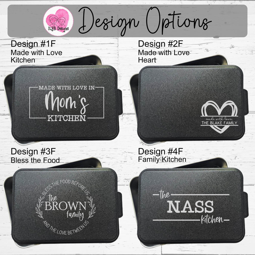Graphic: Four rectangular cake pans with black lids personalized with different family name monogram designs to choose from. 
