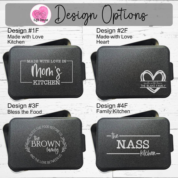 Graphic: Four rectangular cake pans with black lids personalized with different family name monogram designs to choose from. 