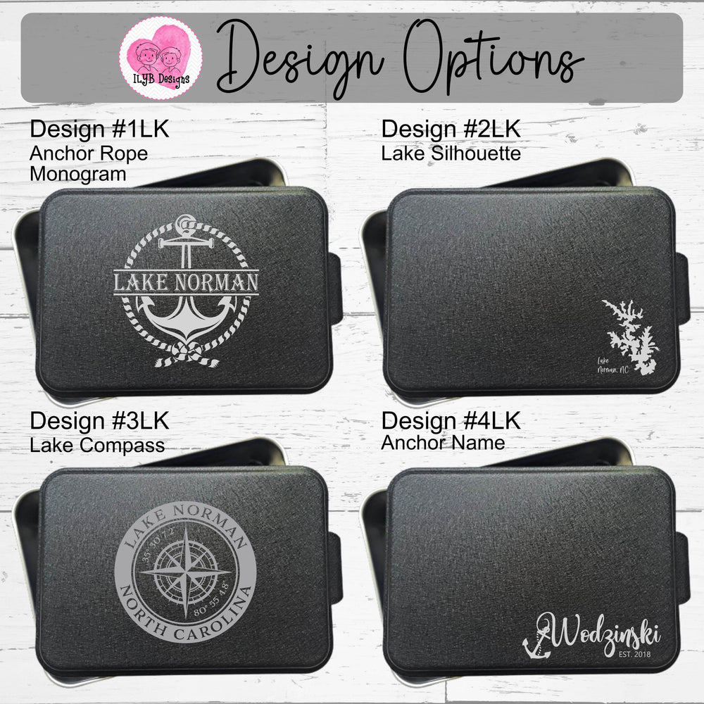 Graphic: Four cake pans with black lids with different personalized lake designs engraved on lid to choose from.