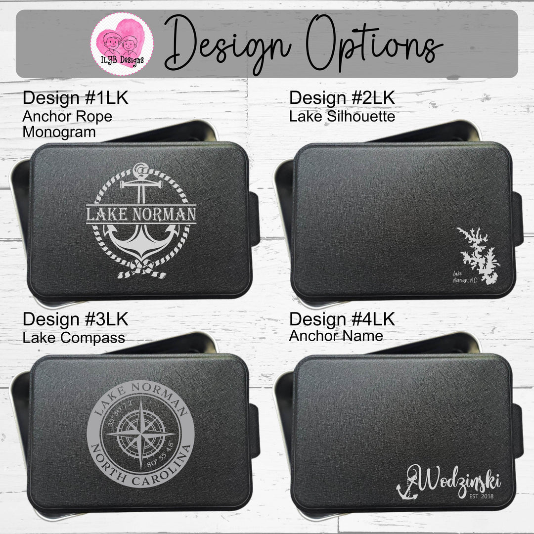 Graphic: Four cake pans with black lids with different personalized lake designs engraved on lid to choose from.