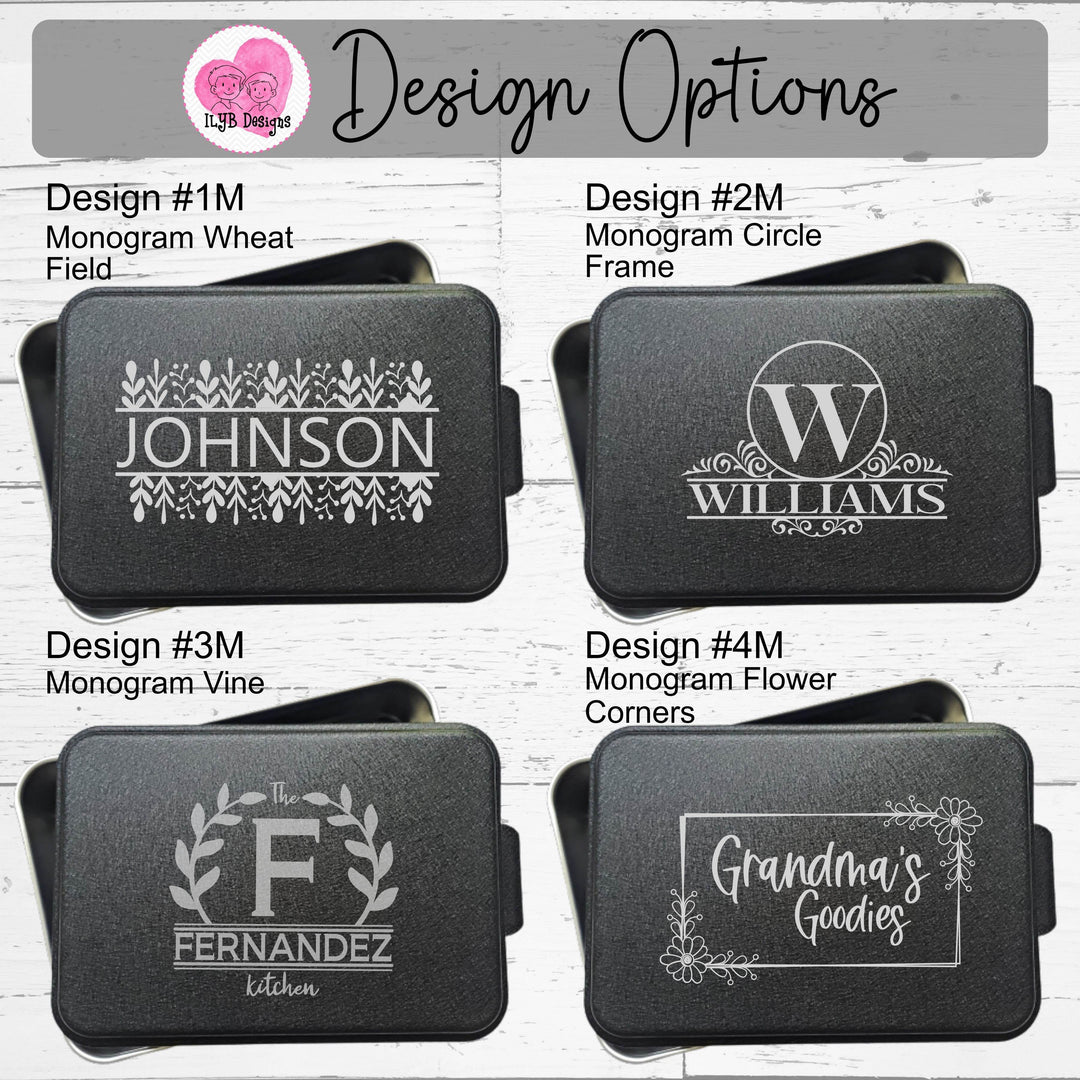 Graphic: Four cake pans with black lid personalized with 4 different monogram designs to choose from laser engraved on the lid.