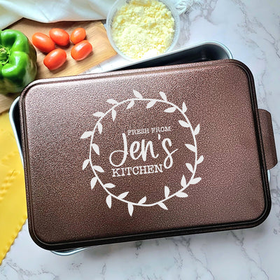 Personalized Cake Pan with Laser Engraved Lid | Leaf Wreath Monogram Design