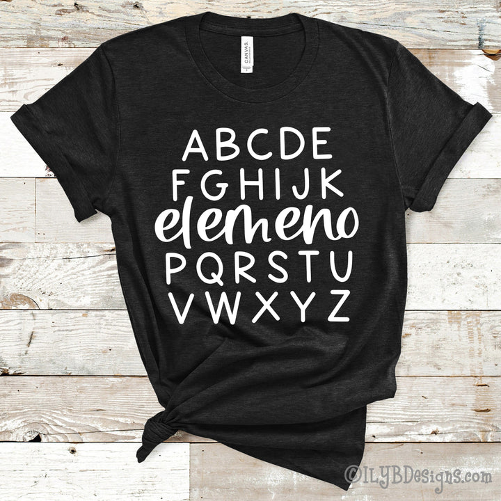 Heather black funny teacher shirt with white lettering swapping out the traditional L, M, N, and O with elemeno P just like how kids love to sing their ABCs. 