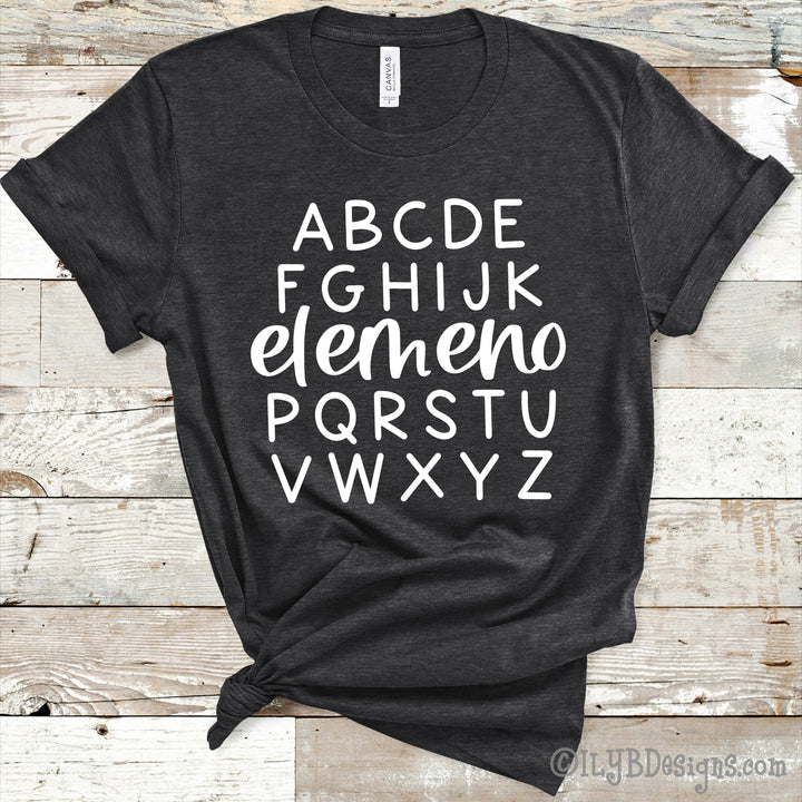 Dark heather gray funny teacher shirt with white lettering swapping out the traditional L, M, N, and O with elemeno P just like how kids love to sing their ABCs. 