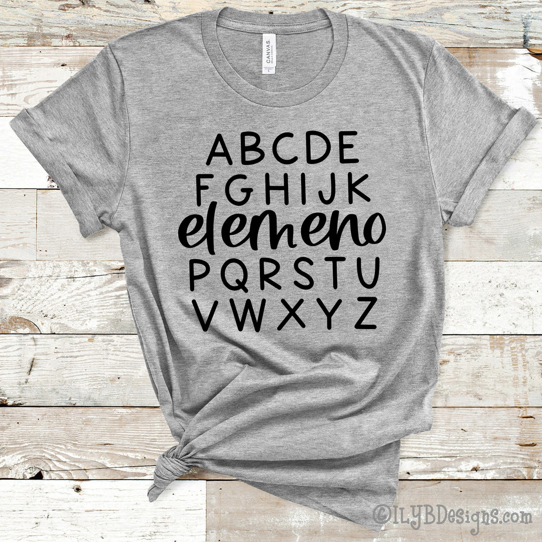 Athletic heather gray funny teacher shirt with black lettering swapping out the traditional L, M, N, and O with elemeno P just like how kids love to sing their ABCs. 