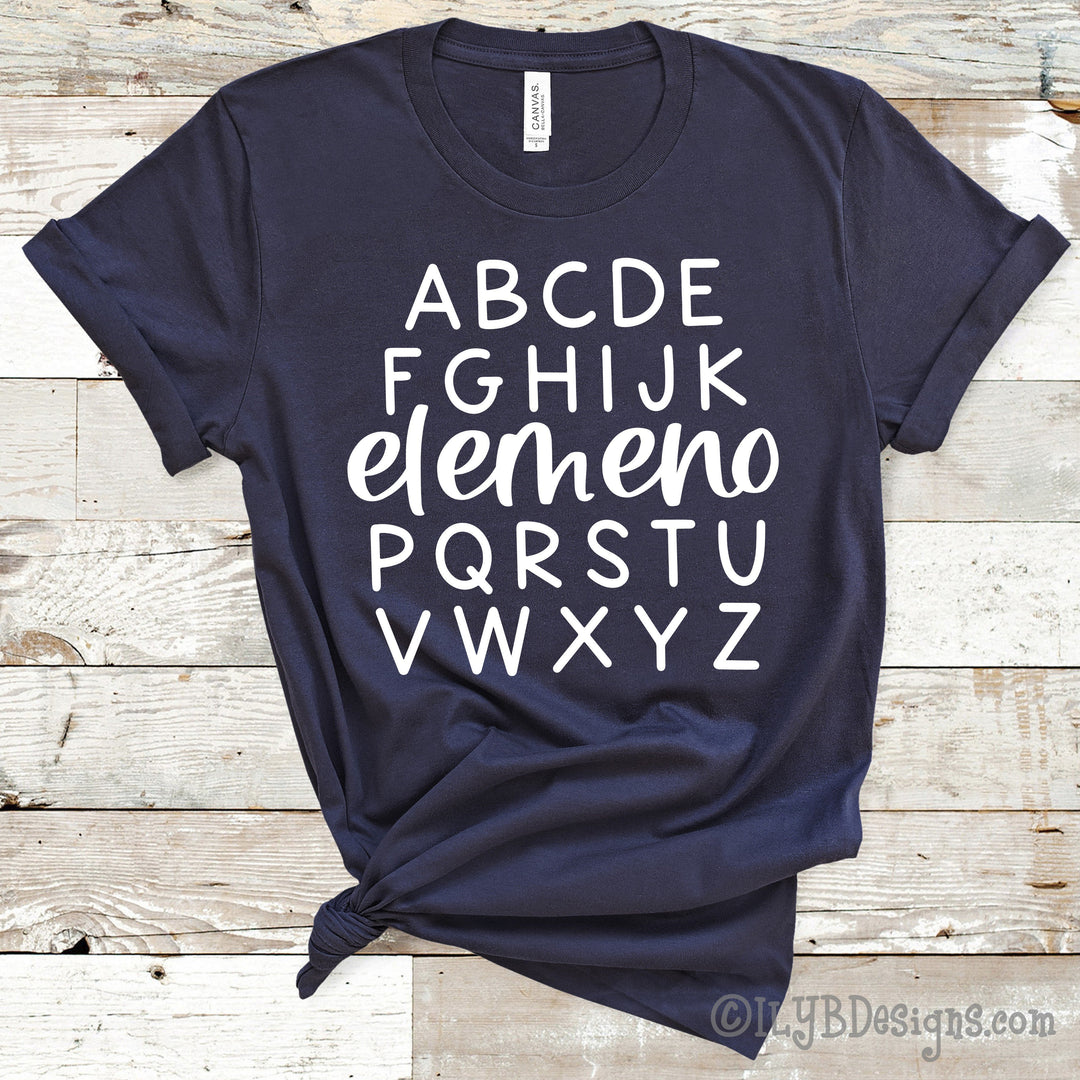 Navy funny teacher shirt with white lettering swapping out the traditional L, M, N, and O with elemeno P just like how kids love to sing their ABCs. 