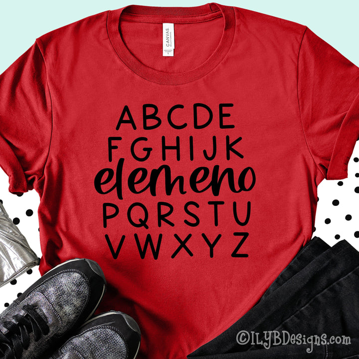  Red funny teacher shirt with black lettering swapping out the traditional L, M, N, and O with elemeno P just like how kids love to sing their ABCs. 