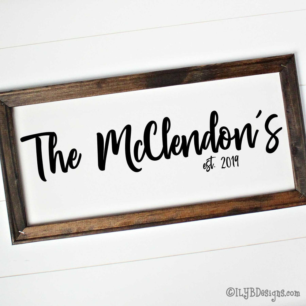 Dark walnut stained frame on a white canvas with a black design. Design is placed horizontally on the 20"x10" sign. Family name is in a bold script font with an established year underneath.
