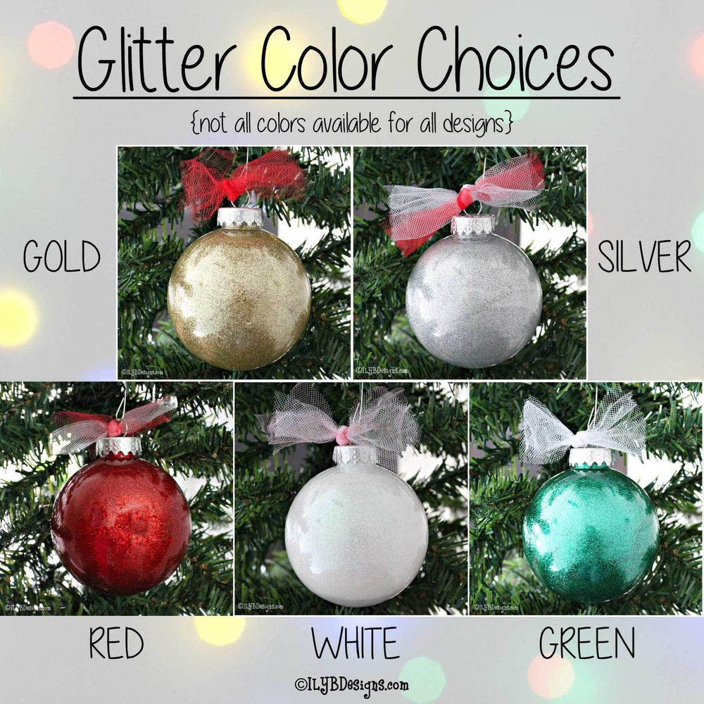 Graphic: Glitter color choices. Not all colors available for all designs. Gold, silver, red, white, and green glitter Christmas ornaments with glitter on the inside of plastic ball ornament.