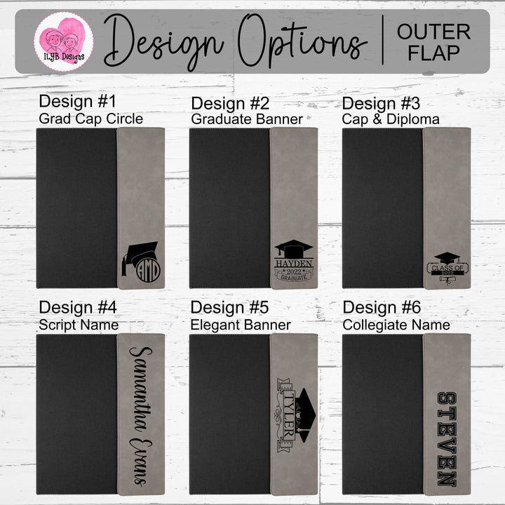 Six design options for engraving the outer flap of a faux leather and canvas portfolio with various graduation-themed designs.