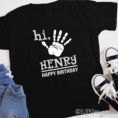 5th Birthday Shirt - Hi Five Handprint Birthday Shirt Personalized with Child's Name - ILYB Designs
