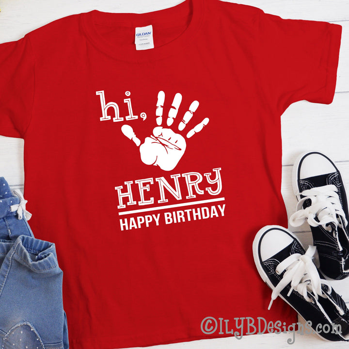 5th Birthday Shirt - Hi Five Handprint Birthday Shirt Personalized with Child's Name - ILYB Designs