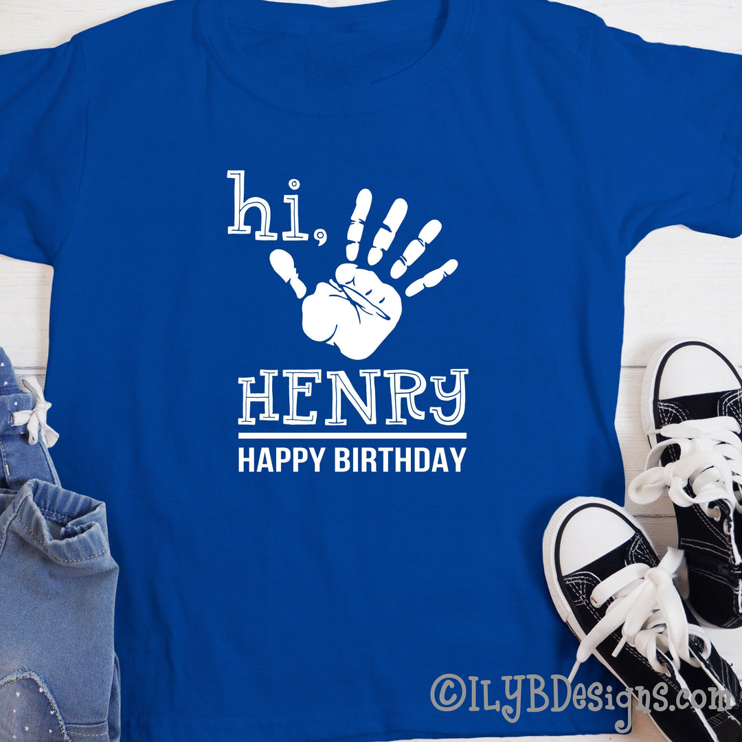 5th Birthday Shirt - Hi Five Handprint Birthday Shirt Personalized with Child's Name - ILYB Designs