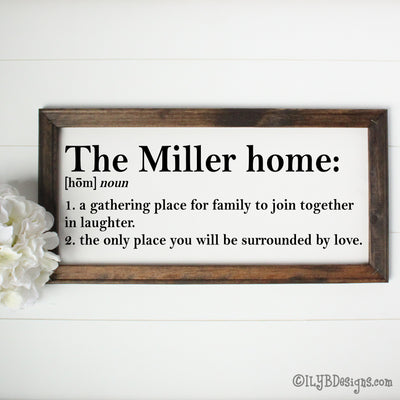 Dark walnut stained 20"x10" frame on a white canvas with black printed words that look like a dictionary definition.  It reads, "The Miller home: noun, 1. a gathering place for family to join together in laughter. 2. the only place you will be surrounded by love." Design is placed horizontally on the sign.