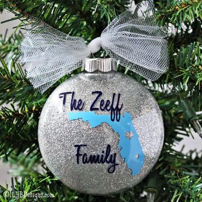 Family Christmas Ornament with State Silhouette | Realtor Ornament | Personalized Glitter