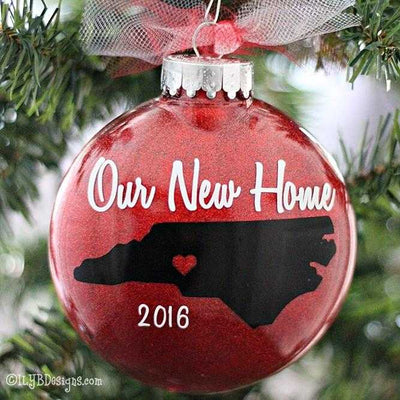 Our New Home Christmas Ornament with State Silhouette and Heart | Personalized Glitter