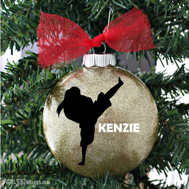Karate/Taekwondo Girl Christmas Ornament | Martial Arts Sports Ornament | Personalized Glitter