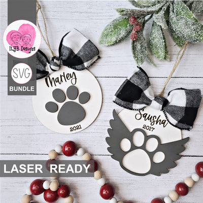 Pet Paw Print & Pet Angel Wings Christmas Ornament | Laser Cut SVG Bundle