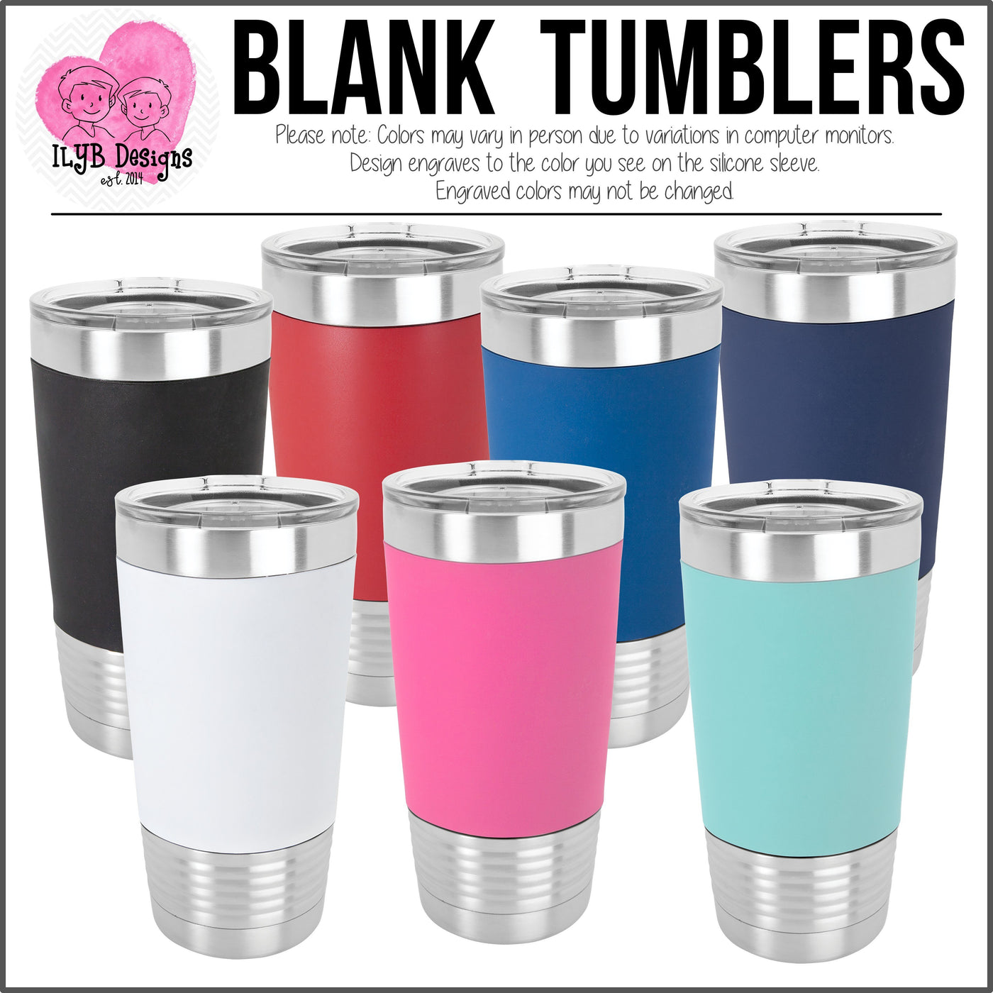Blank Tumblers | 20oz Polar Camel Stainless Steel Tumbler with colored silicone sleeve. Colors are black, red, royal blue, navy blue, white, pink, and teal.
