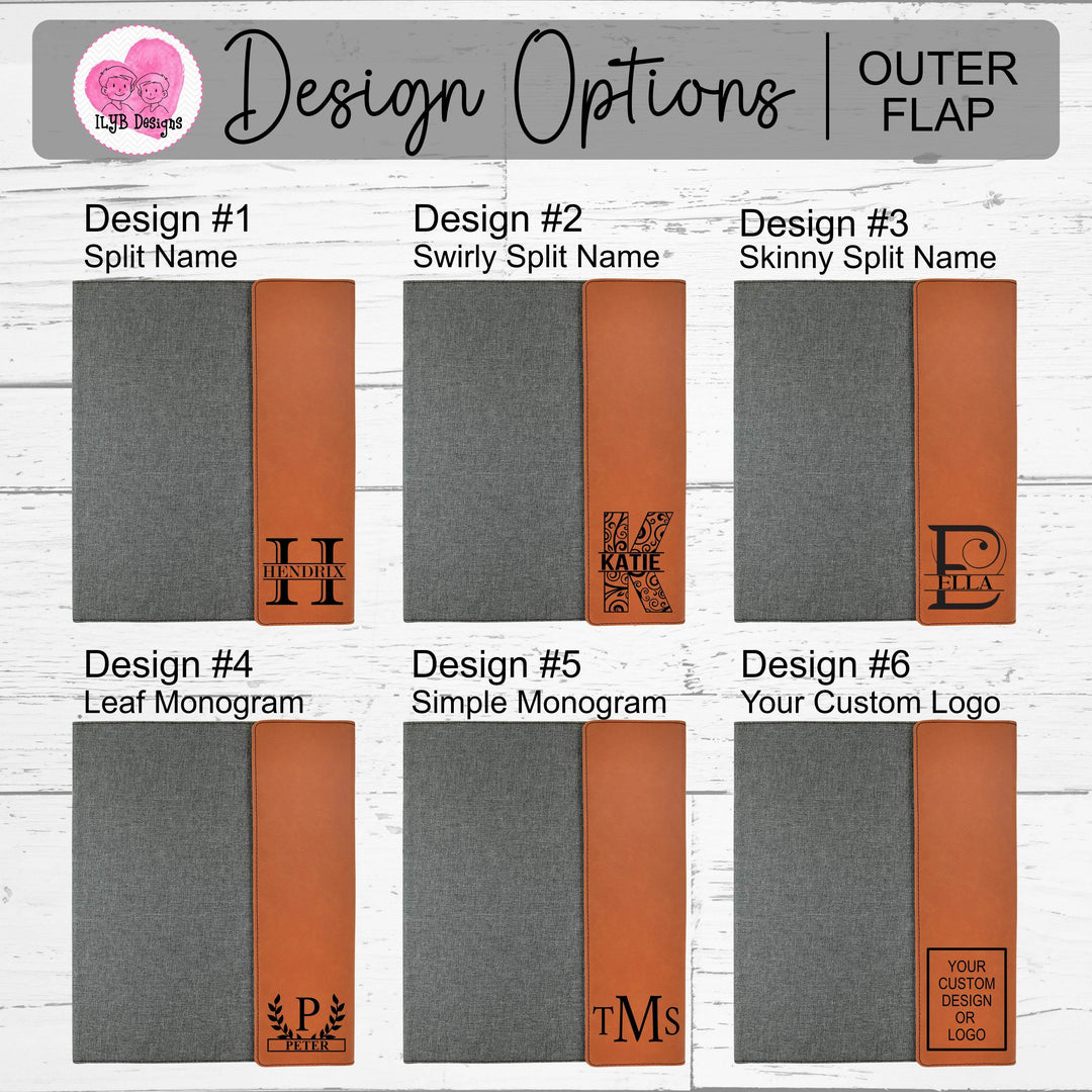 Graphic: 6 design options for the outer flap of a portfolio with various monogram styles to choose from