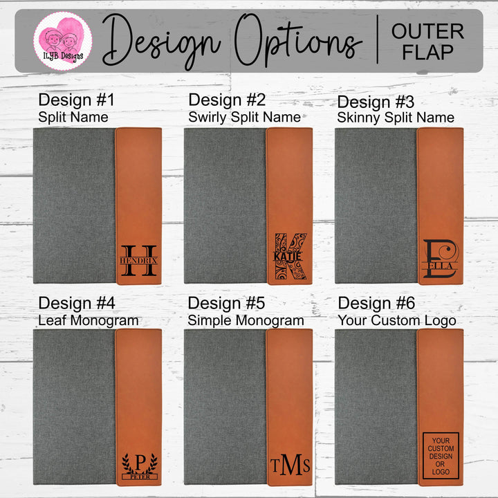 Graphic: 6 design options for the outer flap of a portfolio with various monogram styles to choose from