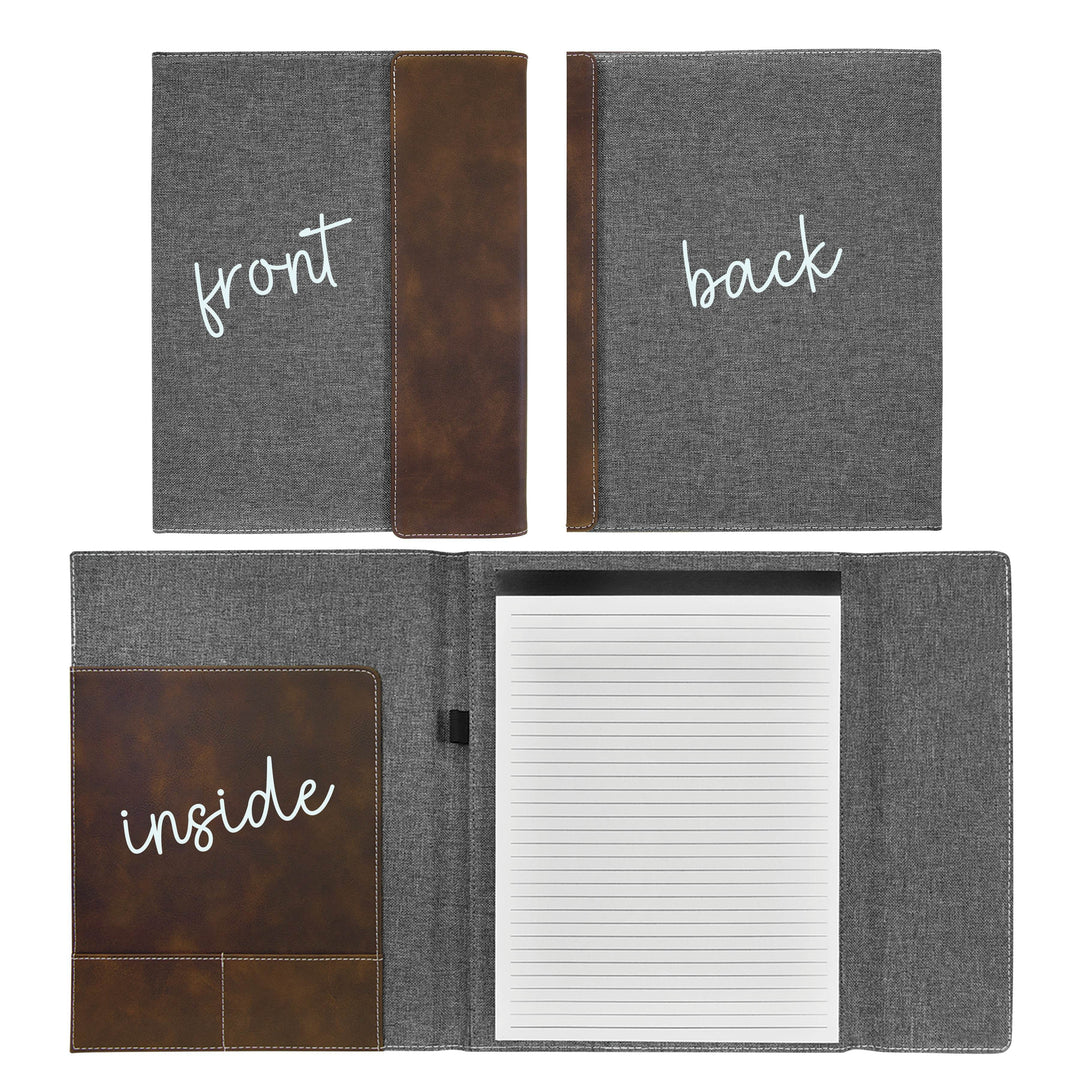 Gray and brown notebook with front, back, and inside views on a white background