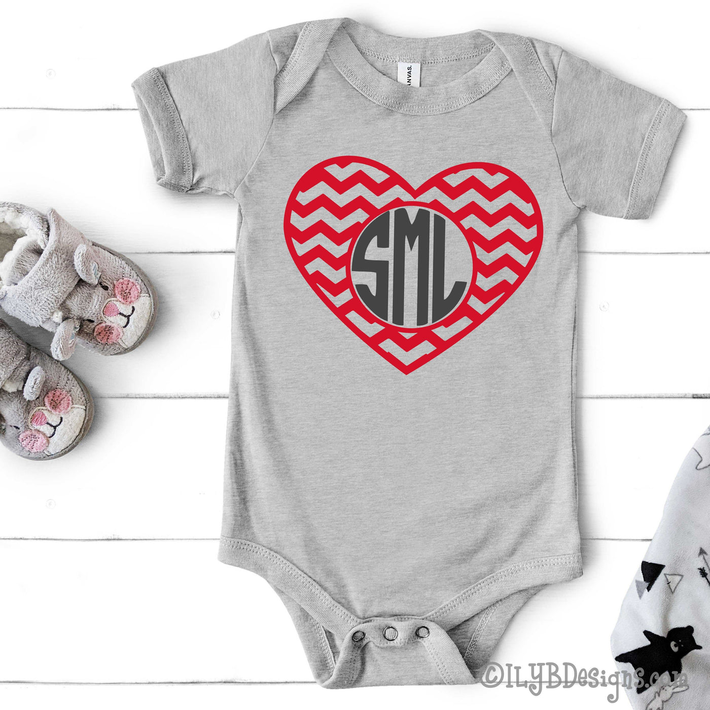 Monogram Heart Valentine's Day Bodysuit - Baby Girl's Valentine Bodysuit - ILYB Designs