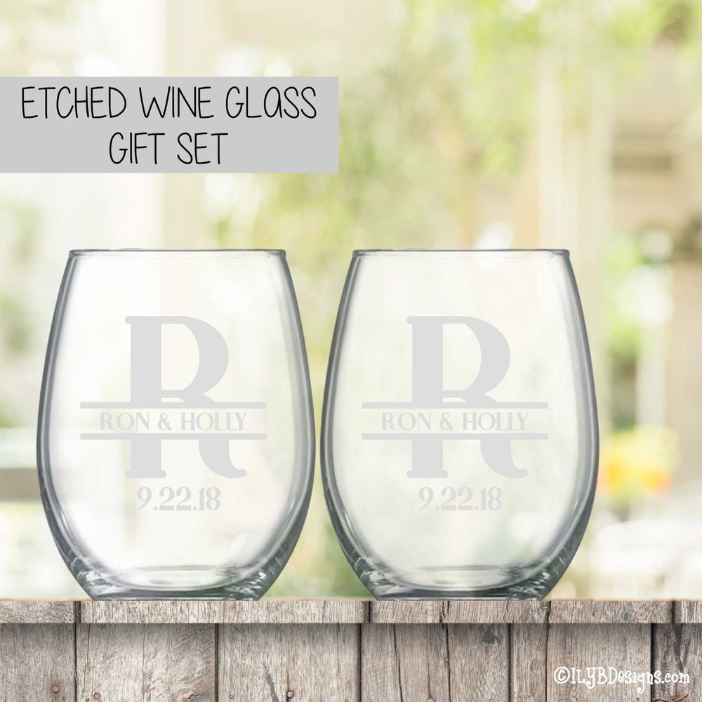 Etched Wine Glasses Set  -  Initial & Names with Wedding Date - ILYB Designs