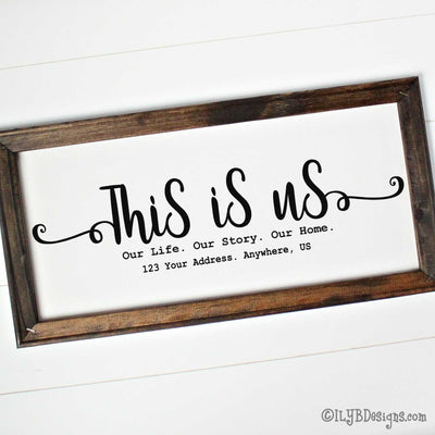 Dark walnut stained 20"x10" framed canvas with "This is us" in a black script font followed by a typewriter font that says, "Our Life. Our Story. Our Home." An optional address is underneath those words.