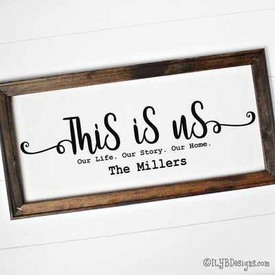 Dark walnut stained 20"x10" framed canvas with "This is us" in a black script font followed by a typewriter font that says, "Our Life. Our Story. Our Home." An optional family name is underneath those words.