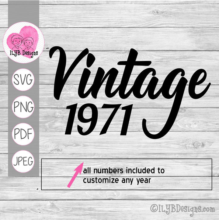 Vintage Birth Year SVG in Script, Vintage Birthday Cut File - ILYB Designs