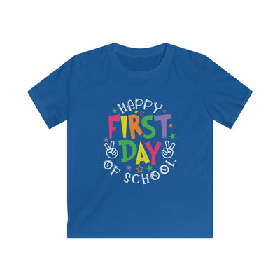 Youth blue shirt with a cheerful message in lively rainbow colored letters, spelling out Happy First Day of School in pink, yellow, orange, green, and purple letters.