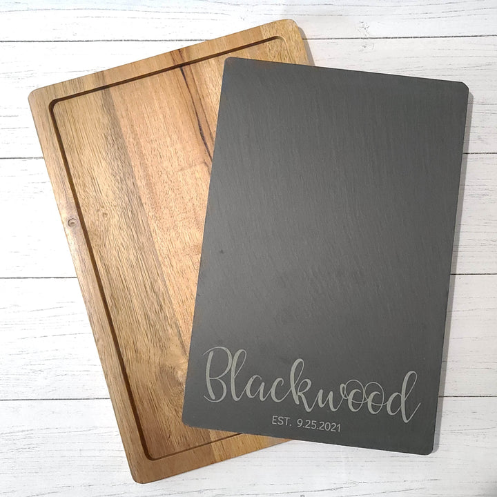 wood and slate charcuterie board showing as separate pieces on a light wooden surface.