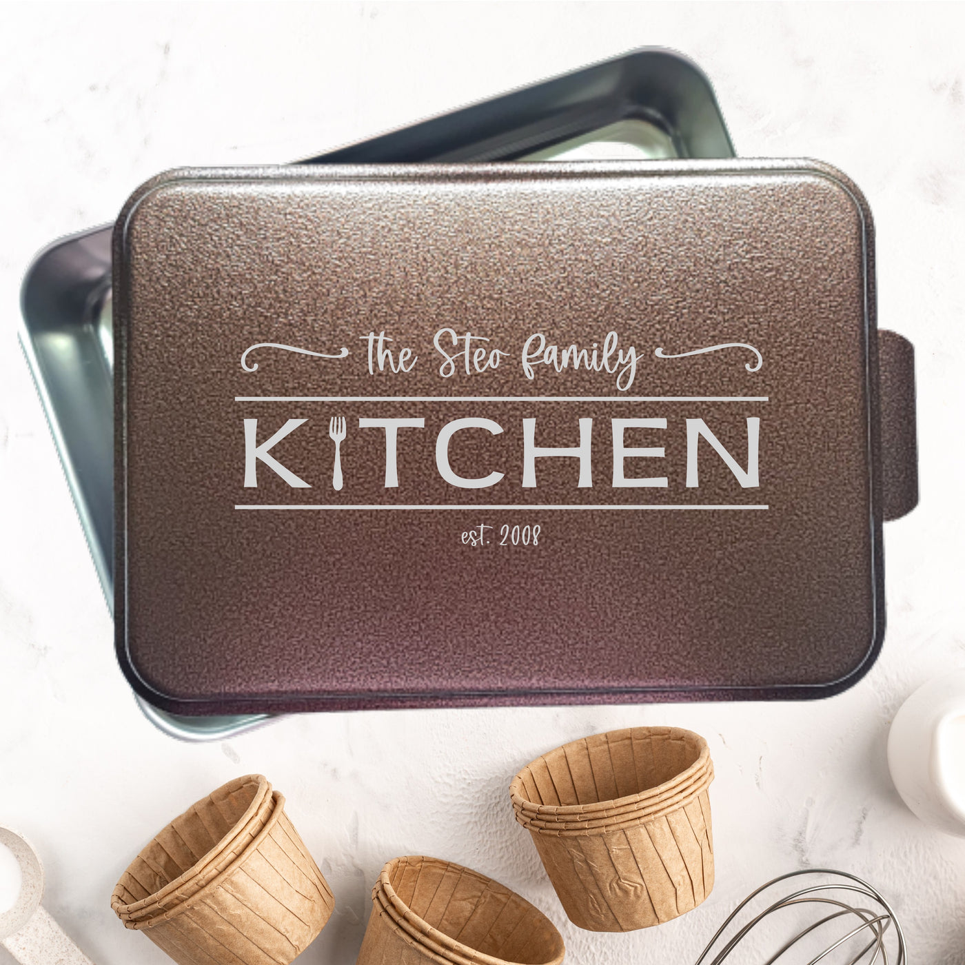 Personalized Cake Pan with Laser Engraved Lid | The Family Kitchen Fork Design