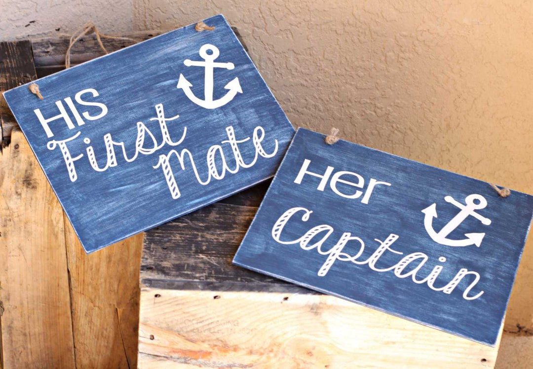Beach Wedding Signs - Nautical Anchor "Her Captain"/"His First Mate" Painted Wood and Vinyl Hanging Sign Set - ILYB Designs