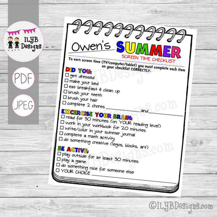 SUMMER SCREEN TIME CHECKLIST PDF, JPEG Printable Files - Summer Schedule - Summer Learning Checklist - Technology Chart - ILYB Designs