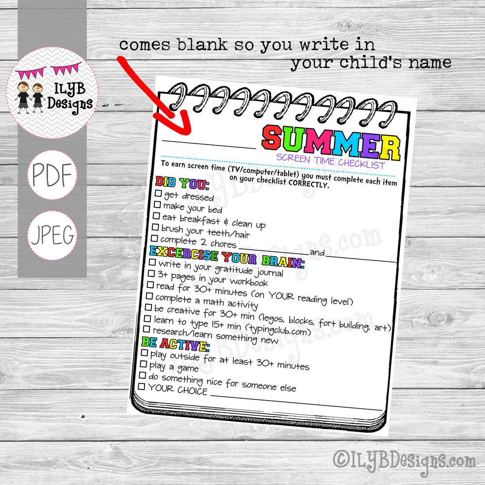 SUMMER SCREEN TIME CHECKLIST for older kids PDF, JPEG Printable Files - Summer Schedule - Summer Learning Checklist - Technology Chart - ILYB Designs
