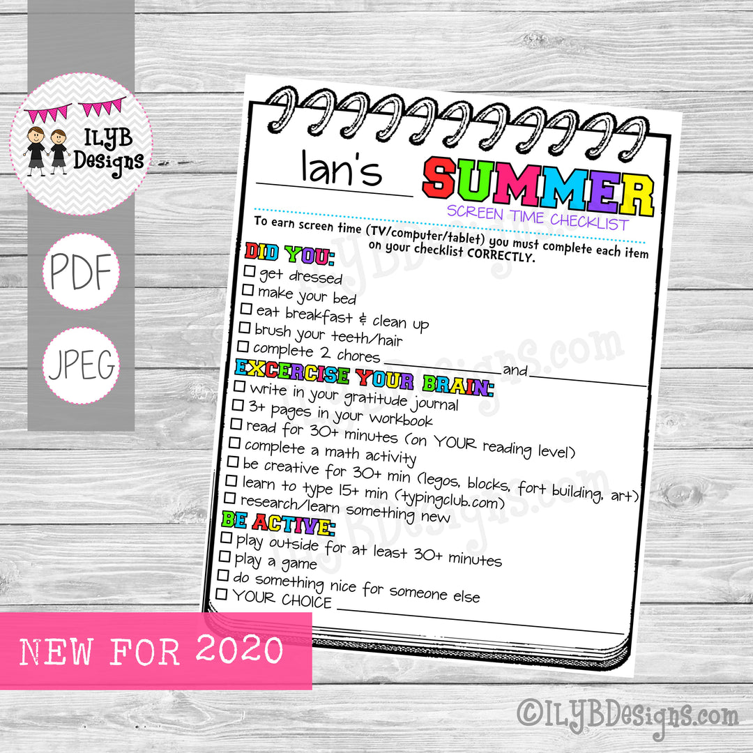 SUMMER SCREEN TIME CHECKLIST for older kids PDF, JPEG Printable Files - Summer Schedule - Summer Learning Checklist - Technology Chart - ILYB Designs