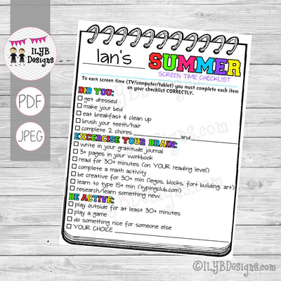 SUMMER SCREEN TIME CHECKLIST for older kids PDF, JPEG Printable Files - Summer Schedule - Summer Learning Checklist - Technology Chart - ILYB Designs