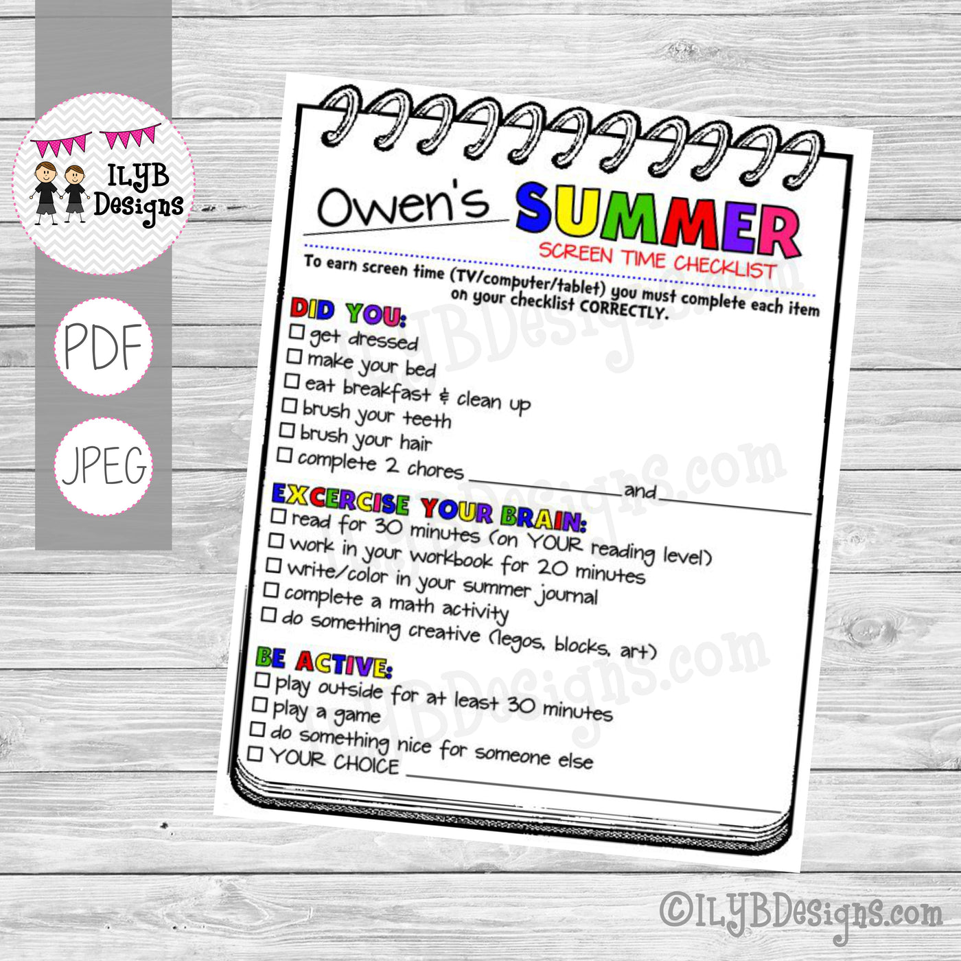 SUMMER SCREEN TIME CHECKLIST PDF, JPEG Printable Files - Summer Schedule - Summer Learning Checklist - Technology Chart - ILYB Designs