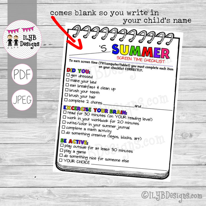 SUMMER SCREEN TIME CHECKLIST PDF, JPEG Printable Files - Summer Schedule - Summer Learning Checklist - Technology Chart - ILYB Designs