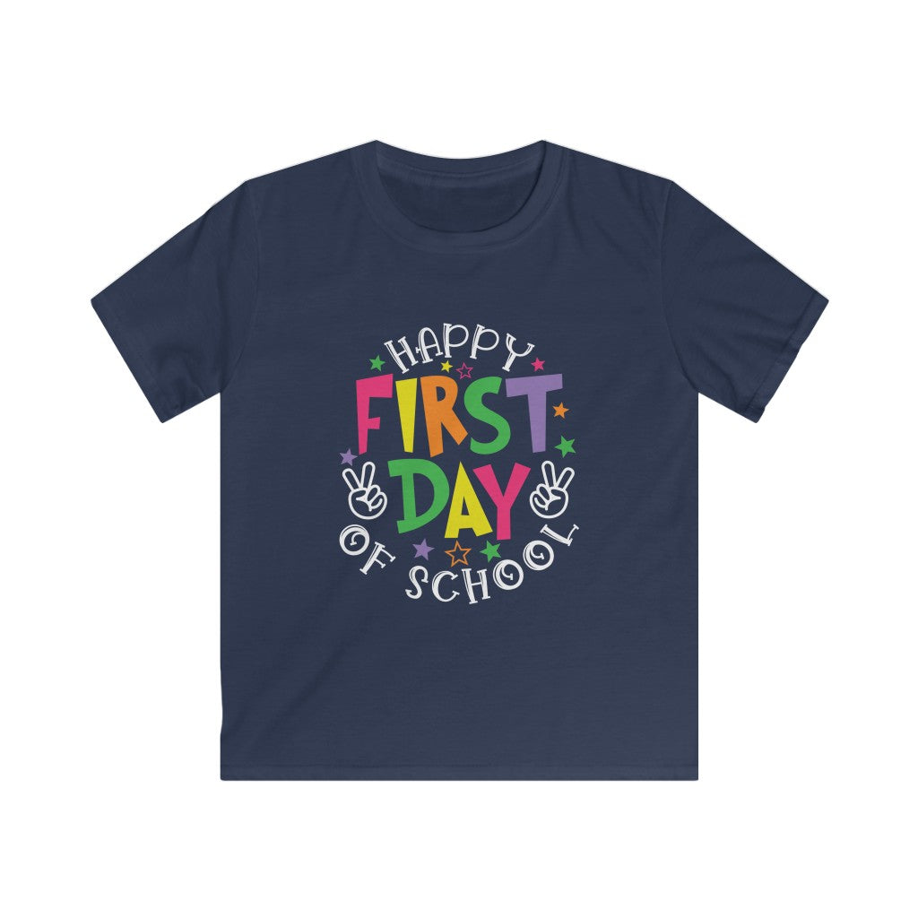 Navy shirt with a cheerful message in lively rainbow colored letters, spelling out Happy First Day of School in pink, yellow, orange, green, and purple letters.