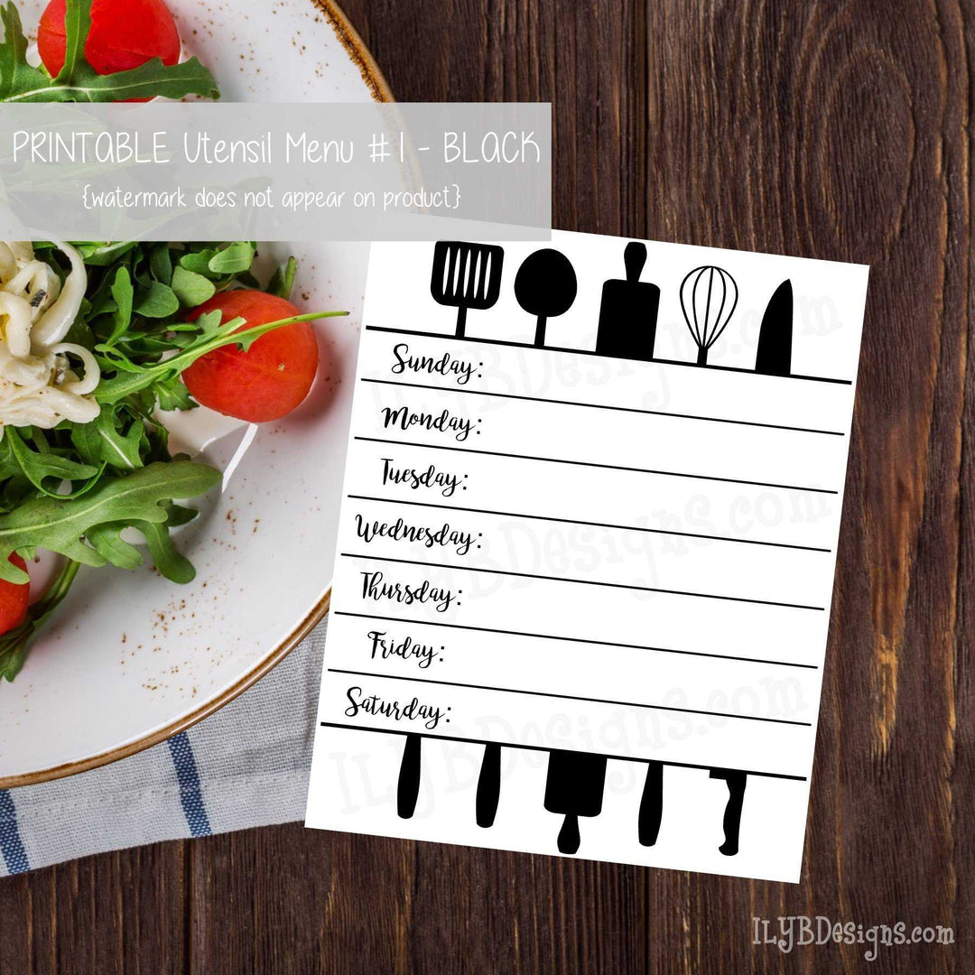 PRINTABLE Utensil Menu #1 - Black - ILYB Designs