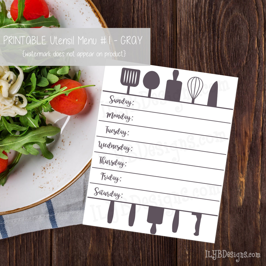 PRINTABLE Utensil Menu #1 - Gray - ILYB Designs