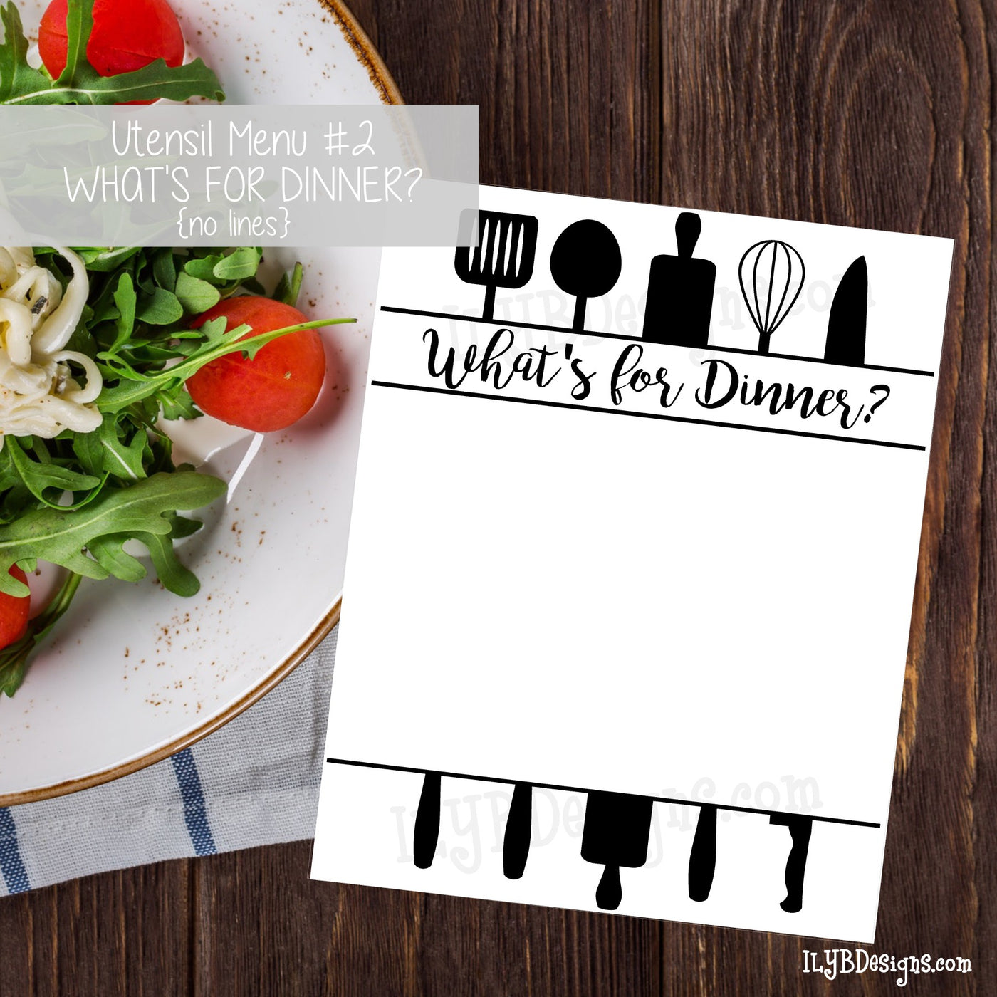 PRINTABLE Utensil Menu #2 - What's for Dinner (no lines) - ILYB Designs